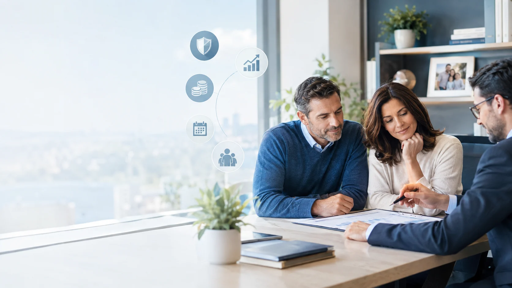 A couple consulting with a financial advisor in a bright high-rise office, reviewing documents together as floating icons depict security, growth, investments, planning, and family wealth management strategies.
